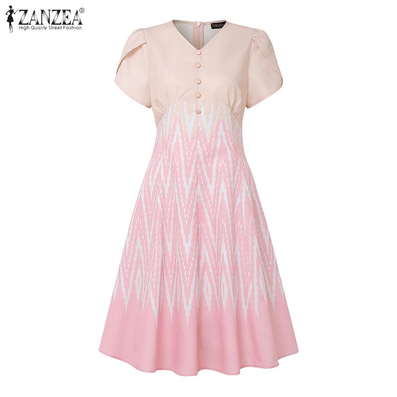 ZANZEA Women Casual V-Neck Summer Short Sleeve Print Dress