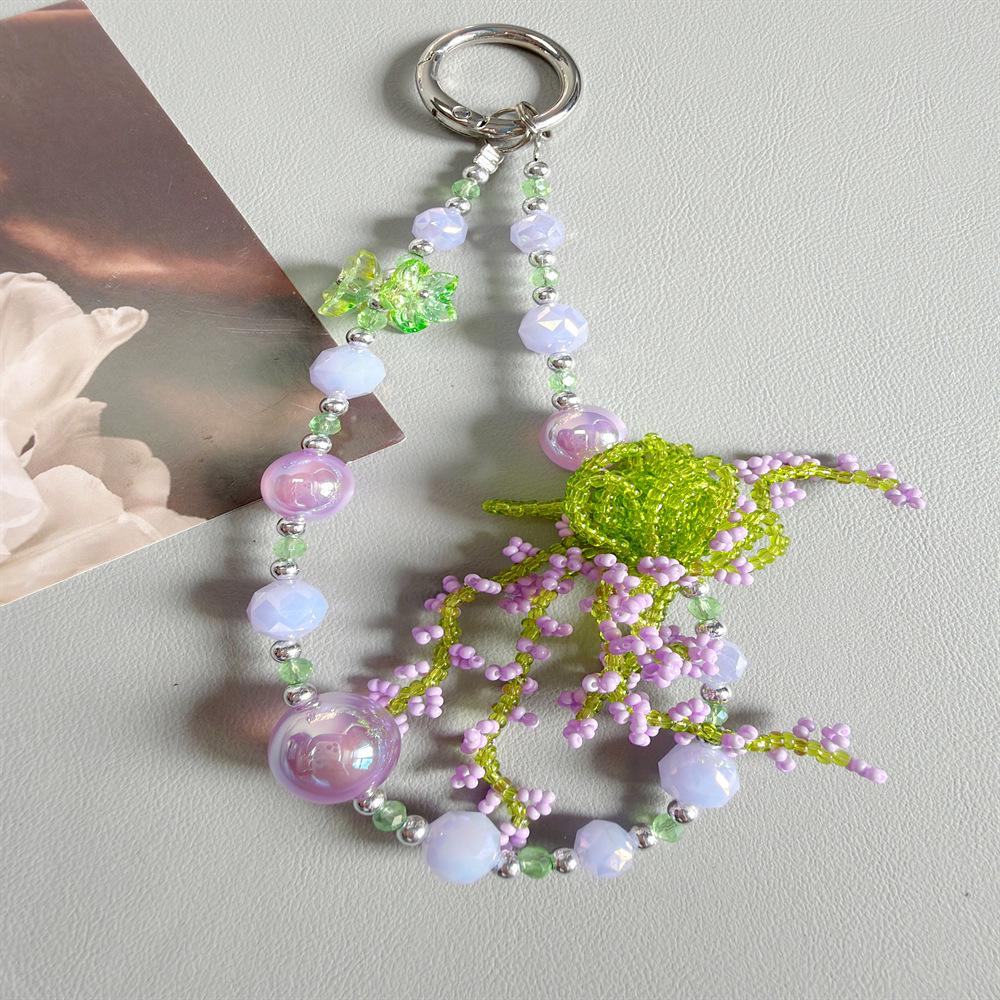 Handmade Fresh Flower Crystal Beaded Phone Wrist Lanyard & Keychain