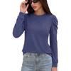 Women Loose Round Neck Pleated Puff Long Sleeve Solid Color T Shirt Top