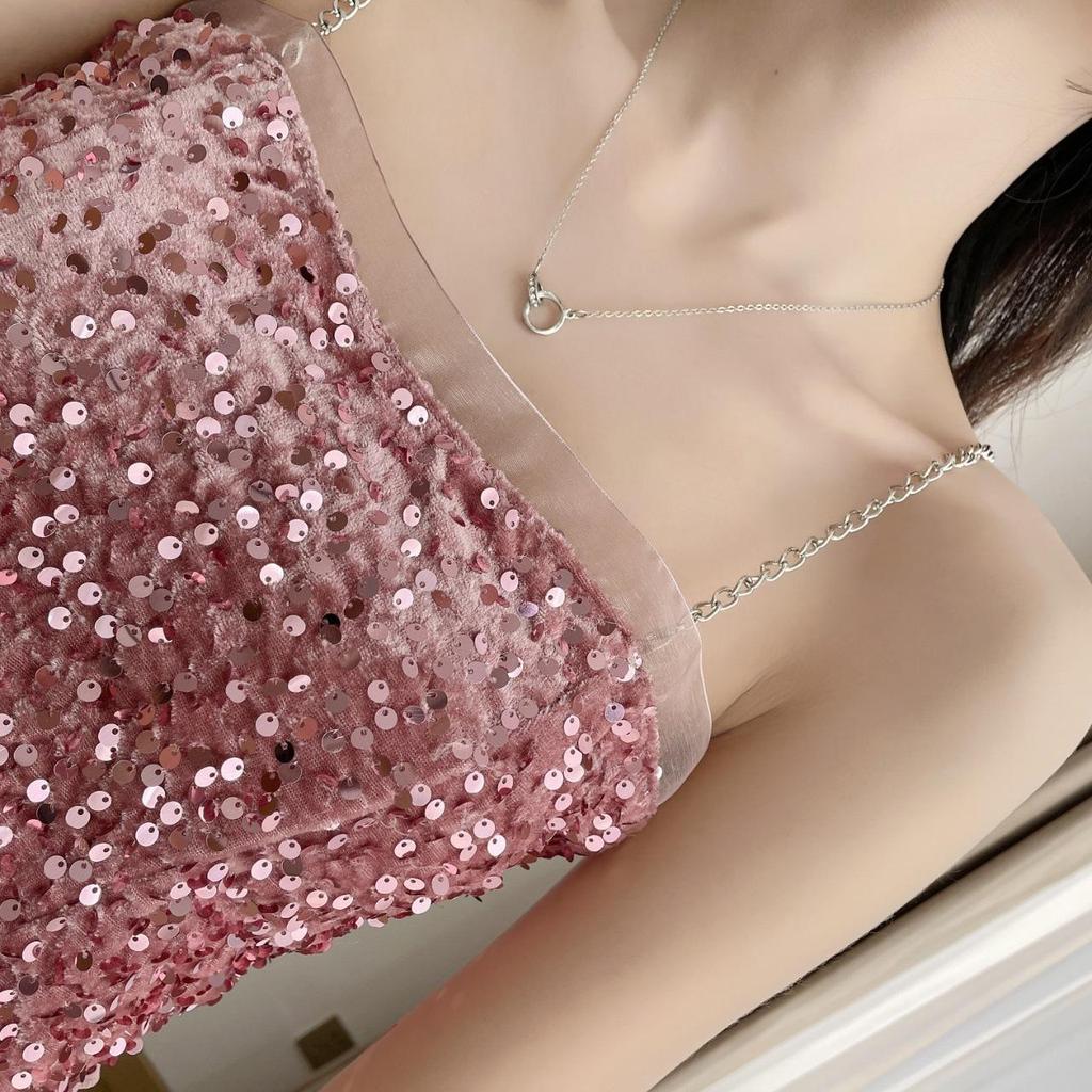 Sexy kovové retiazkové tielko Jednofarebné flitrované halterové crop topy Dámske letné tielka Bezchrbtové tielko Módne ležérne rúrkové Dámska bez rukávov skrátená vesta Y2K