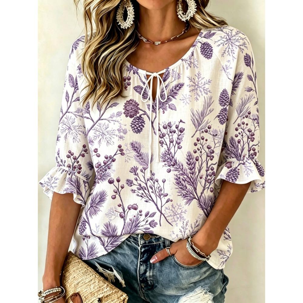 Women's Soft Pink Botanical Print Tie Front Blouse, Casual Loose Top for Spring Summer Daily Wear