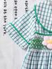Sweet Korean Style Baby Bubble Romper, Pink White Plaid with Colorful Flowers, Newborn Summer Outfit