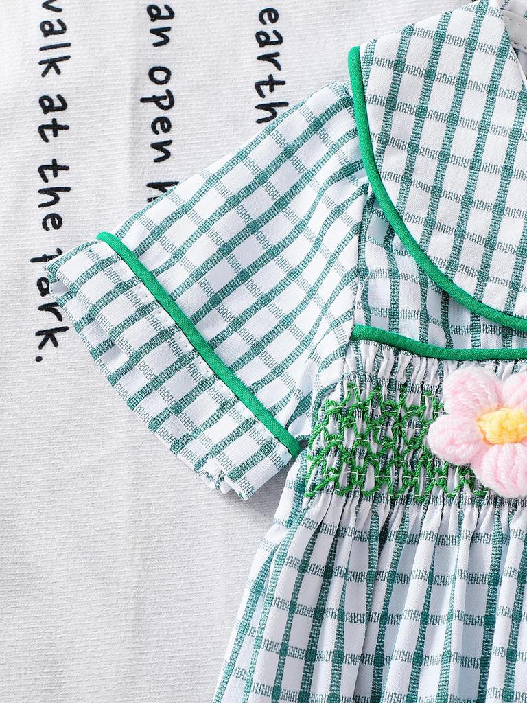 Sweet Korean Style Baby Bubble Romper, Pink White Plaid with Colorful Flowers, Newborn Summer Outfit