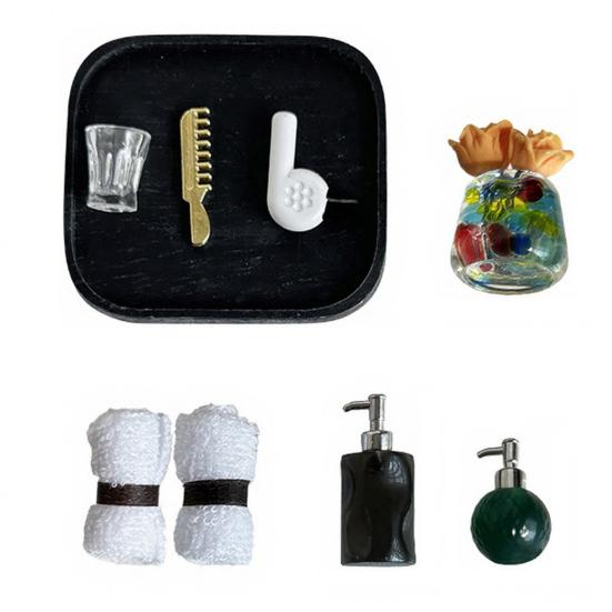 1 Set Miniature Bathroom Supplies, 1:12 Scale Mini Bathroom Accessories, Realistic Shampoo Bottles Towels Combs Mirrors for Doll Mansion Bathroom Sink