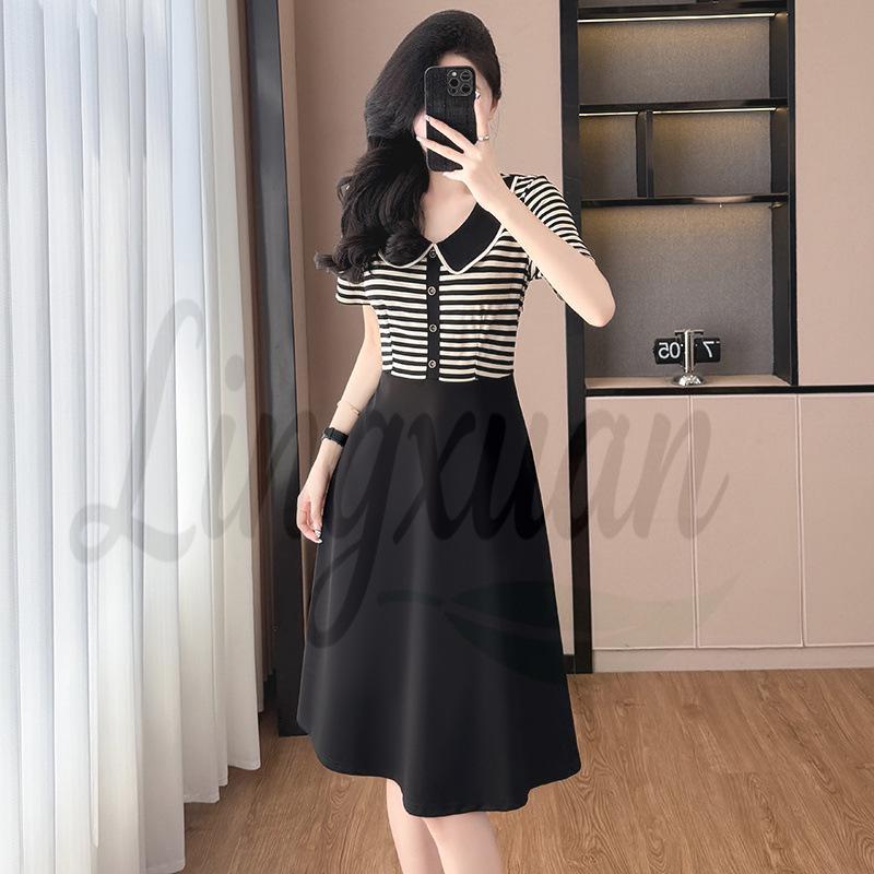 Plus Size Striped Patchwork Faux Two-Piece Slimming Short-Sleeve Summer Dress - Chic & Fashionable New Arrival 3XL