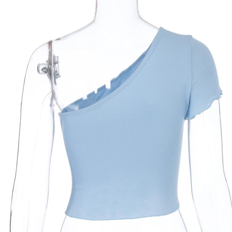 

МОДА Футболка з косим коміром Жіноча з коротким рукавом Літня на одне плече Футболка Повсякденна майка Модна кроп-топ Жіноча Y2k футболка Вуличний одяг XXL синій