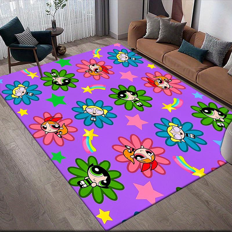 The Powerpuff Girls with purple background anti-slip rug, rectangular carpet for bedroom, living room and game area