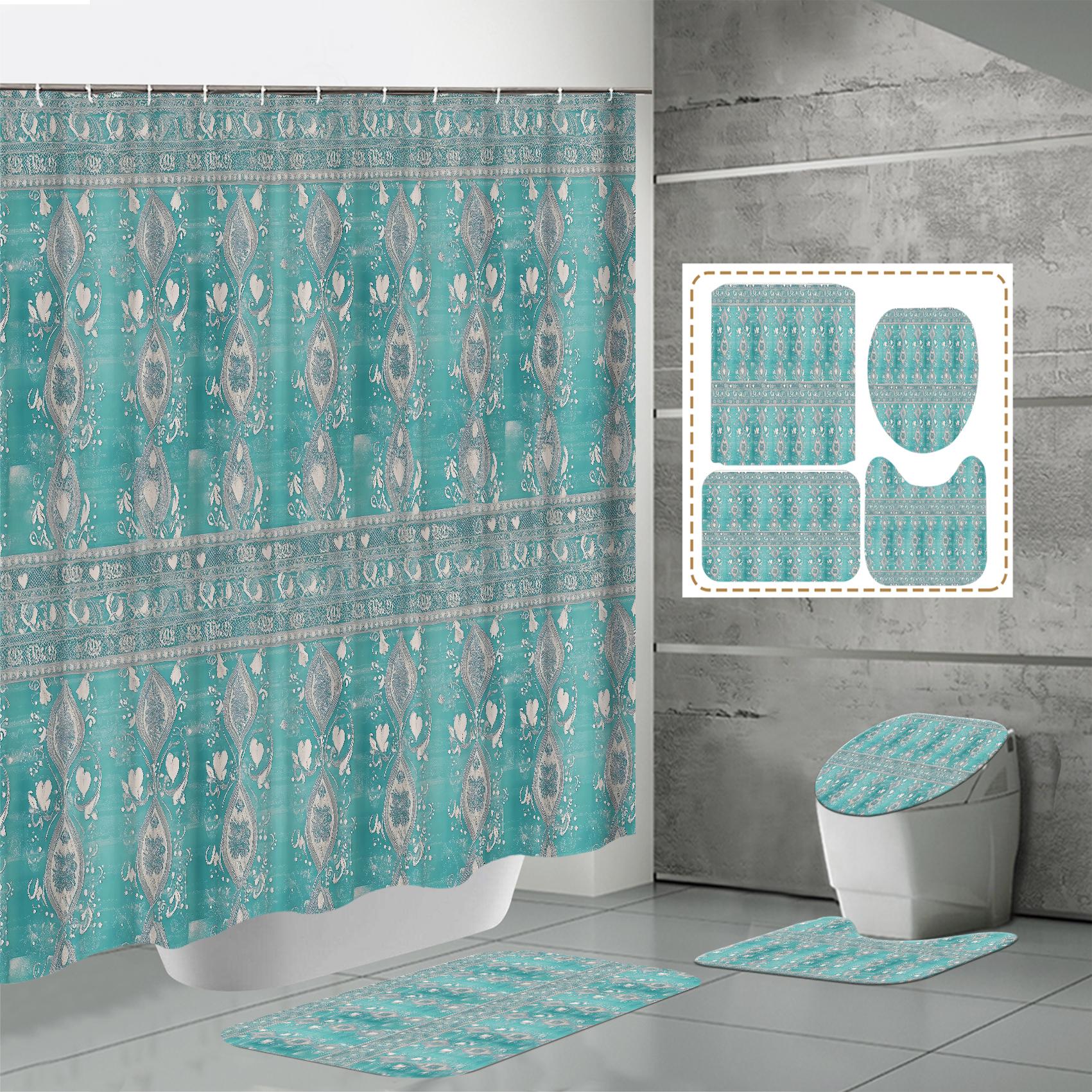 

4 ШТ. Наборы штор для душа со шторкой для душа и ковриками, коврик для крышки унитаза, U-образный коврик и коврик для ванной, набор для ванной комнаты с 12 крючками One Size