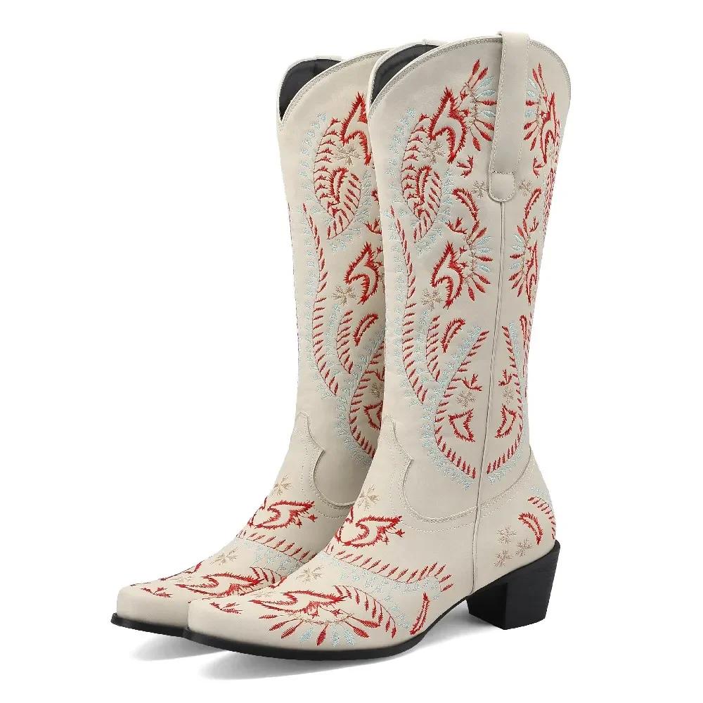 Embroidery Western Women Knee High Boots Brown Black PU Square Heels Winter Round Toe Vintage Cowboy Cowgirl Slip-on Long Boots