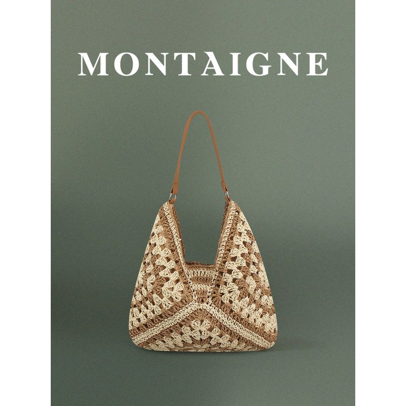 French Montaigne/Montian Versatile Commuter Shoulder Woven Bag Large Capacity Tote Bag Straw Woven Vacation Women's Bag