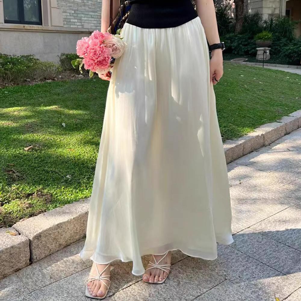 DIMANAF 2025 Summer Women New Skirts Solid Elastic Waist Pleated Mesh Elegant Yellow Blue Skirts