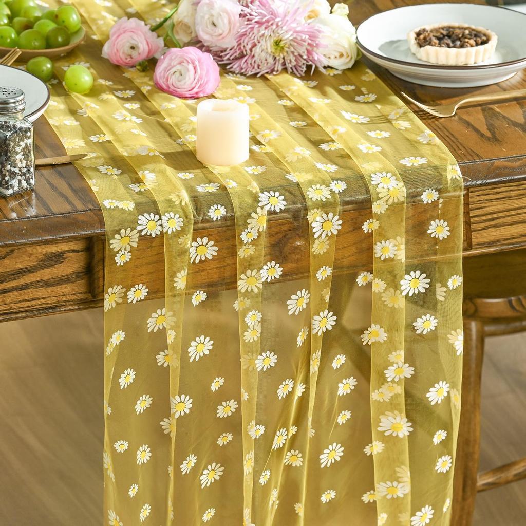 Artoid Mode White Daisy Summer Gauze Table Runner 120 Inch 10FT, Seasonal Sheer Dining Wedding Holiday Birthday Table Decor for Home Party