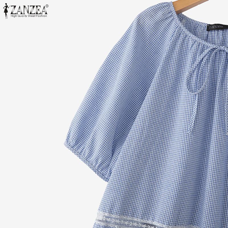 ZANZEA Blusa Casual para Mujer de Cuello Redondo, Manga Corta Holgada con Estampado de Cuadrícula