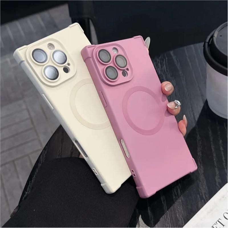 Air-cushion Shockproof Magnetic Case For iPhone 16 15 14 13 12 Pro Max Plus Glass Lens Protection Simple Magsafe Silicone Cover