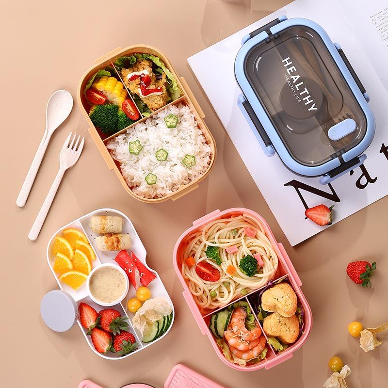 Double Layer Lunch Box Portable Compartment Salah Fruit Food Box Microwave Lunch Fork and Spoon Picnic Fresh Box
