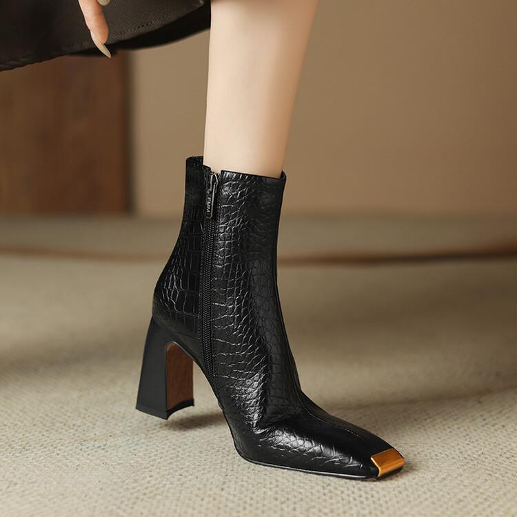 Fashion New Autumn Winter Split Leather Women Boots Fashion Metal Square Toe Short Boots for Women High Heels Ladies Shoes Zapatos Mujer