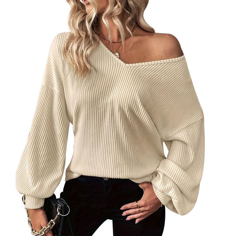 Fashion V-neck Autumn and Winter Long Sleeve Women T-shirts Casual Elegant Office Knitted Sweaters Top Solid Color Loose Streetwear Clothing