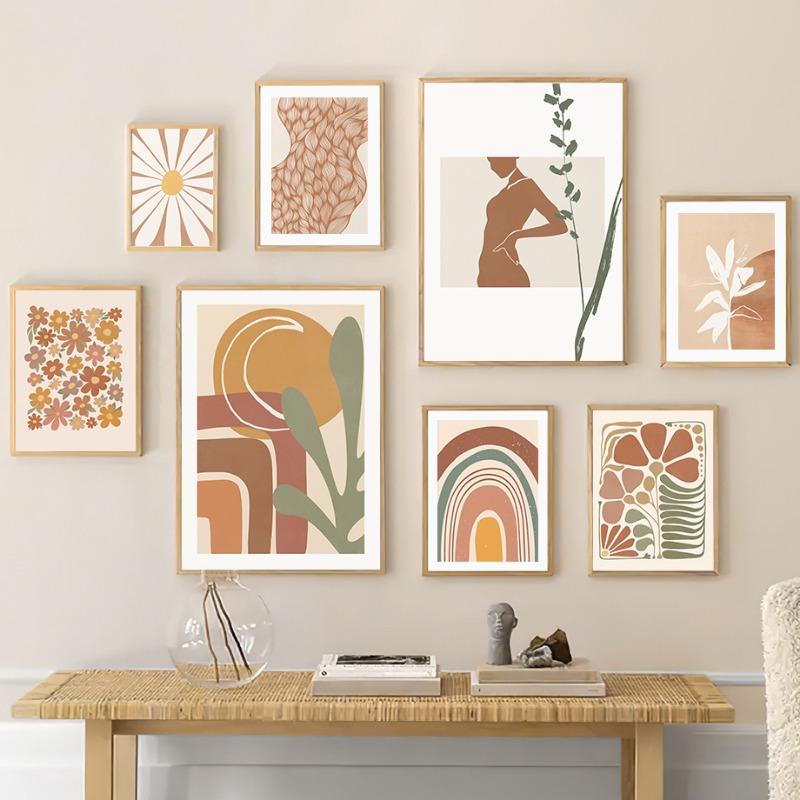 Boho Minimalist Sun Rainbow Flower Leaves Wall Art Canvas Painting Abstract Nordic Posters Prints Pictures For Living Room Decor
