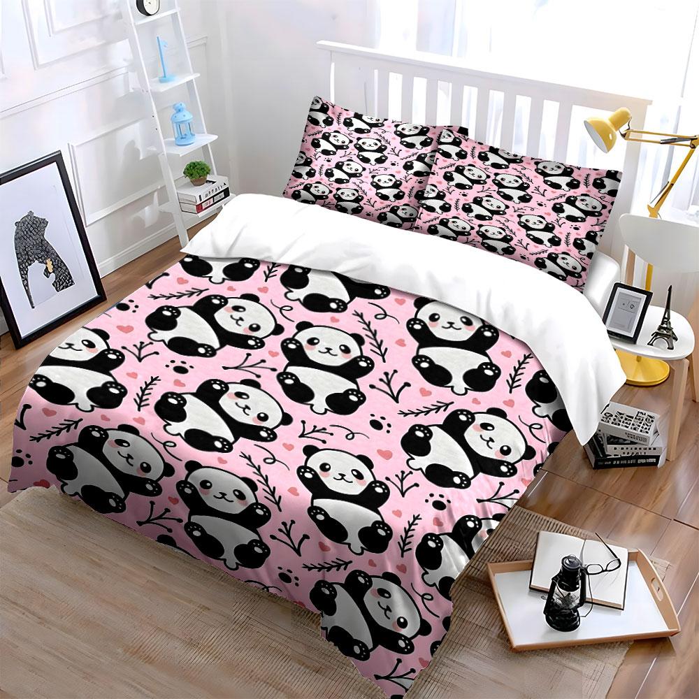 Cute Pandas with Pink Background Print Bedding Set 1 Duvet Cover 2 Pillowcases for Adult and Children Luxury Gift Full Size