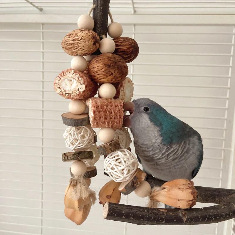 

Bird Toys Parrot Toy with Pinecones Cuttlefish Bones Beech Wood Nuts Teething Chew Toy for Parakeets Cockatiels Love Birds