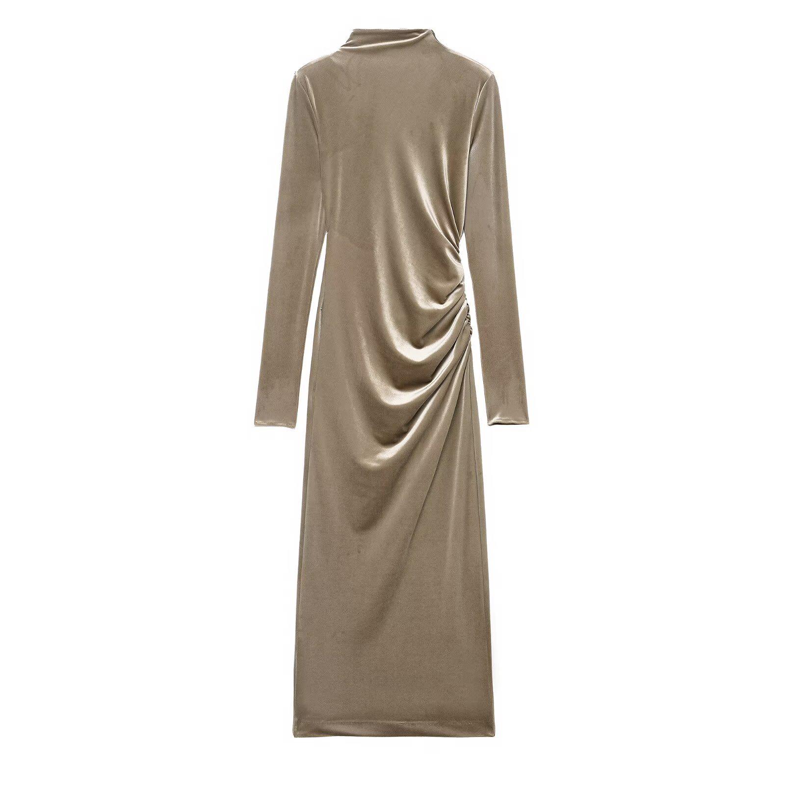 2025 Summer Casual Fashion Pleated Velvet Dress with Padded Shoulders Women s Clothing. S хаки