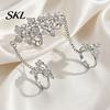Girls Open Ring Rhinestone Flower Link Chain Ring, Bling Floral Leaf Full Finger Adjustable with Chain, Statement Hand Jewelry for Women Golden Plated