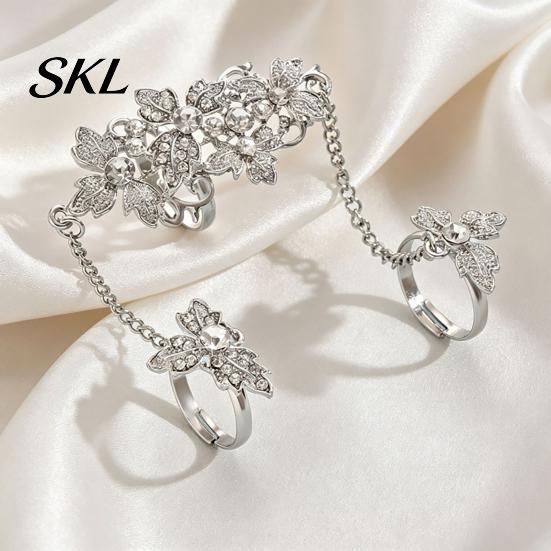 Girls Open Ring Rhinestone Flower Link Chain Ring, Bling Floral Leaf Full Finger Adjustable with Chain, Statement Hand Jewelry for Women Golden Plated