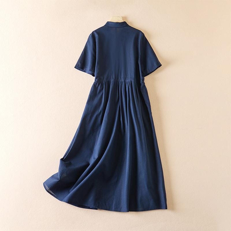 

Вышитое хлопково-льняное платье женское 2025 лето новое свободное на шнуровке на талии воротник поло с коротким рукавом однотонное длинное платье 2XL тёмно-синий