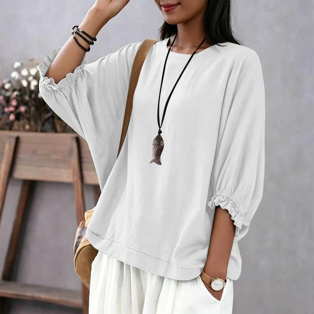 Damen Freizeit Bluse Lockere Passform Laternenärmel Rundhalsausschnitt Oberteil Leichter Bequemer Stoff Stilvolles Design für den Alltag