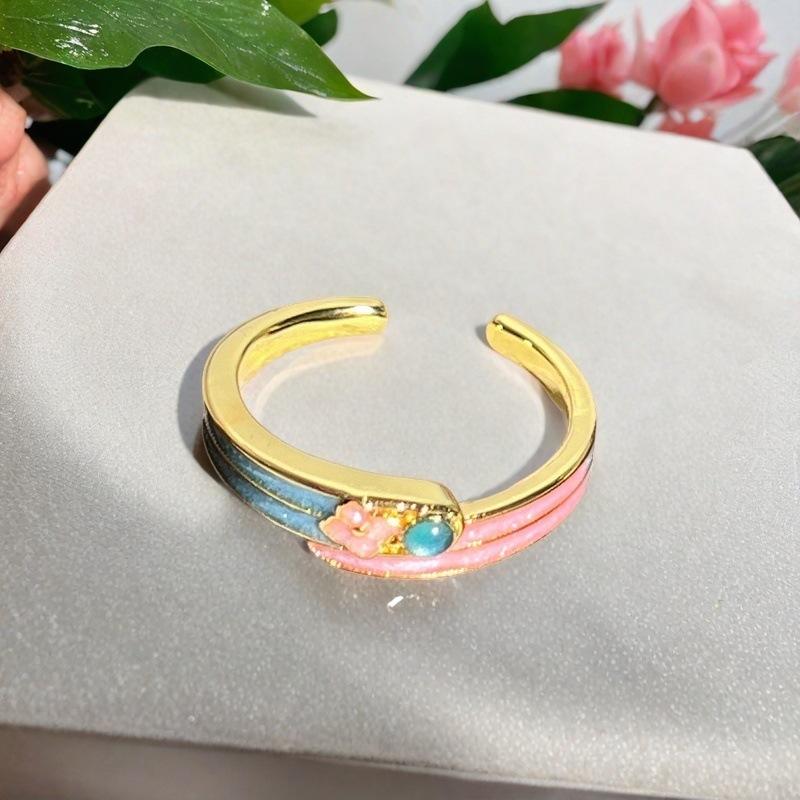 Princess Pink Flower Gold Enamel Dripping Oil Opening Ring Female Butterfly Premium Sweet Cool Ring