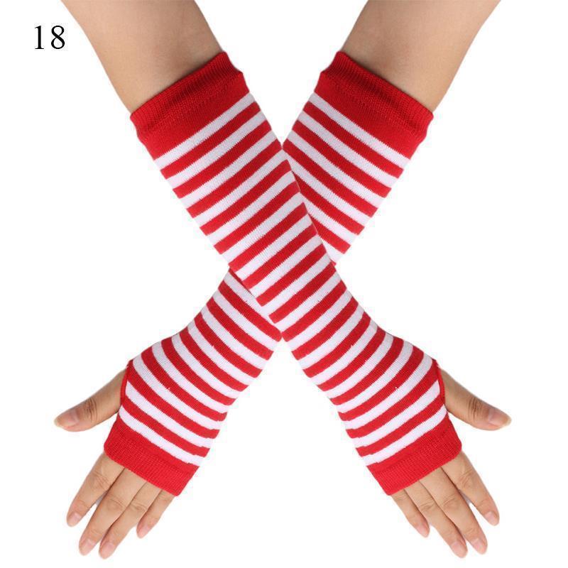 Striped Elbow Gloves Women Emo Gloves Winter Warm Long Sleeves Gloves Women Fingerless Stripe Hip-Hop Knitted Elbow Mittens