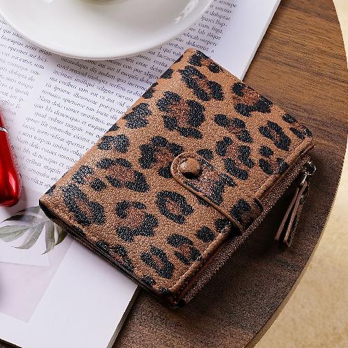 Leopar Desenli Kısa Cüzdan Kadın Bozuk Para Cüzdanı Bozuk Para Kesesi Çift Fermuarlı Kart Çantası Kimlik Tutucu Kredi Kartı Tutucu Sevimli Cüzdan