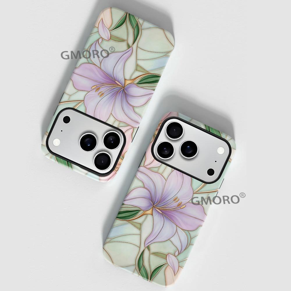 New Chinese gold-painted lily illustration mobile phone case iPhone15 bright two-in-one film case Apple 17 anti-drop