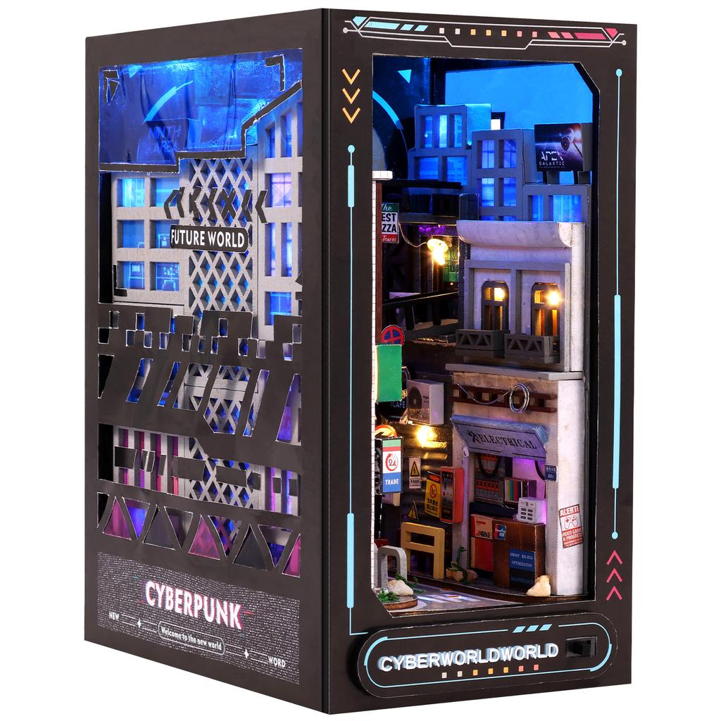 Kit de coin de livre DIY Puzzle 3D en bois Décor d'insertion d'étagère avec lumière LED à capteur Kit de modèle de maison de poupée miniature DIY pour enfants Adultes