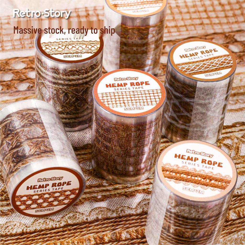 RetroStory Hemp Rope Series Vintage PET Tape Stickers - 6 Styles for Decorative Journaling & Gift Decoration