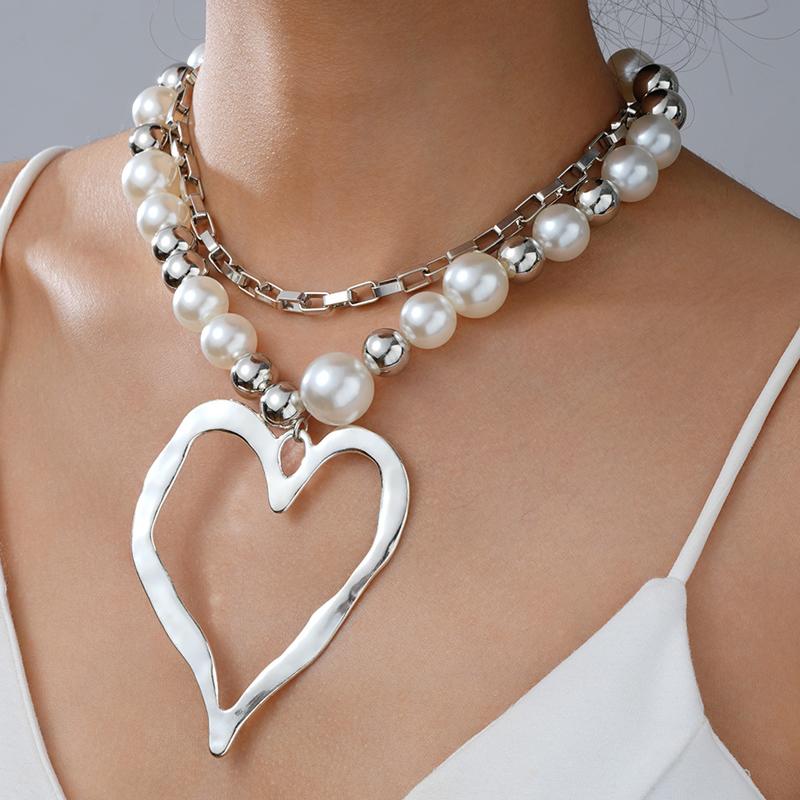 

Fashion 2 Pcs Irregular Heart Large Pendant Necklaces For Women Pearl Silver Color Necklaces Set Girls Elegant Jewerlry Wedding