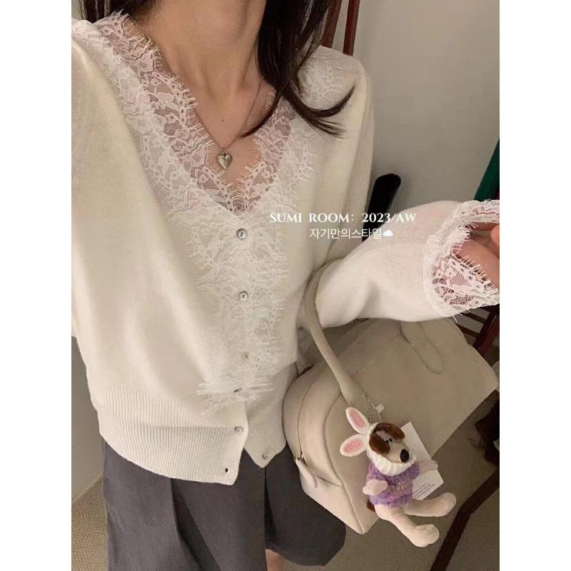 Spring and Autumn Interior Chic Short Lace V-Neck Bottom Design Slim-fit Knitted Cardigan Top Women's Hair