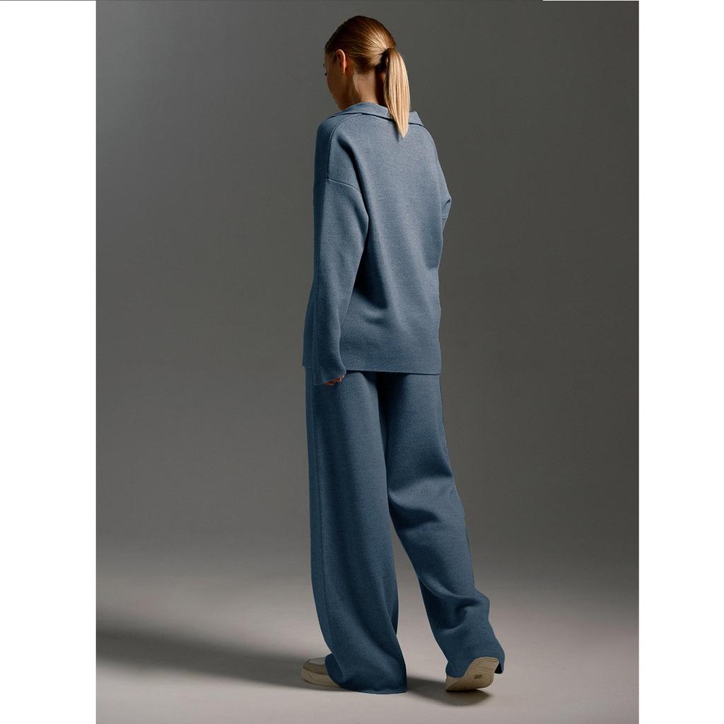 Solid Color Lapel Sweater Set Knit Sweater+straight Leg Wide Leg Pants Two-piece Set High Neck