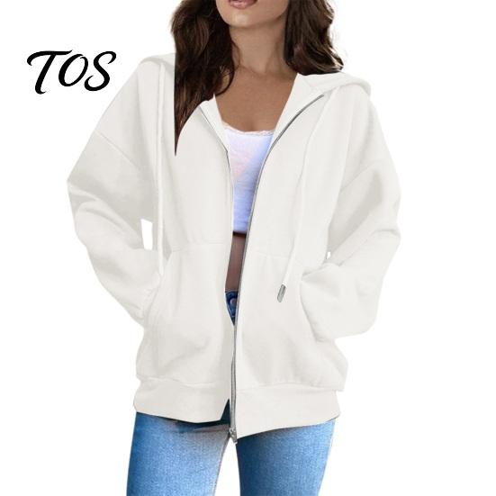 Solid Color Coat Women Zip-Up Hoodies, Casual Long Sleeve Sweatshirt with Pockets, Zip Up Hoodie Fall Winter Drawstring Hooded Pockets S