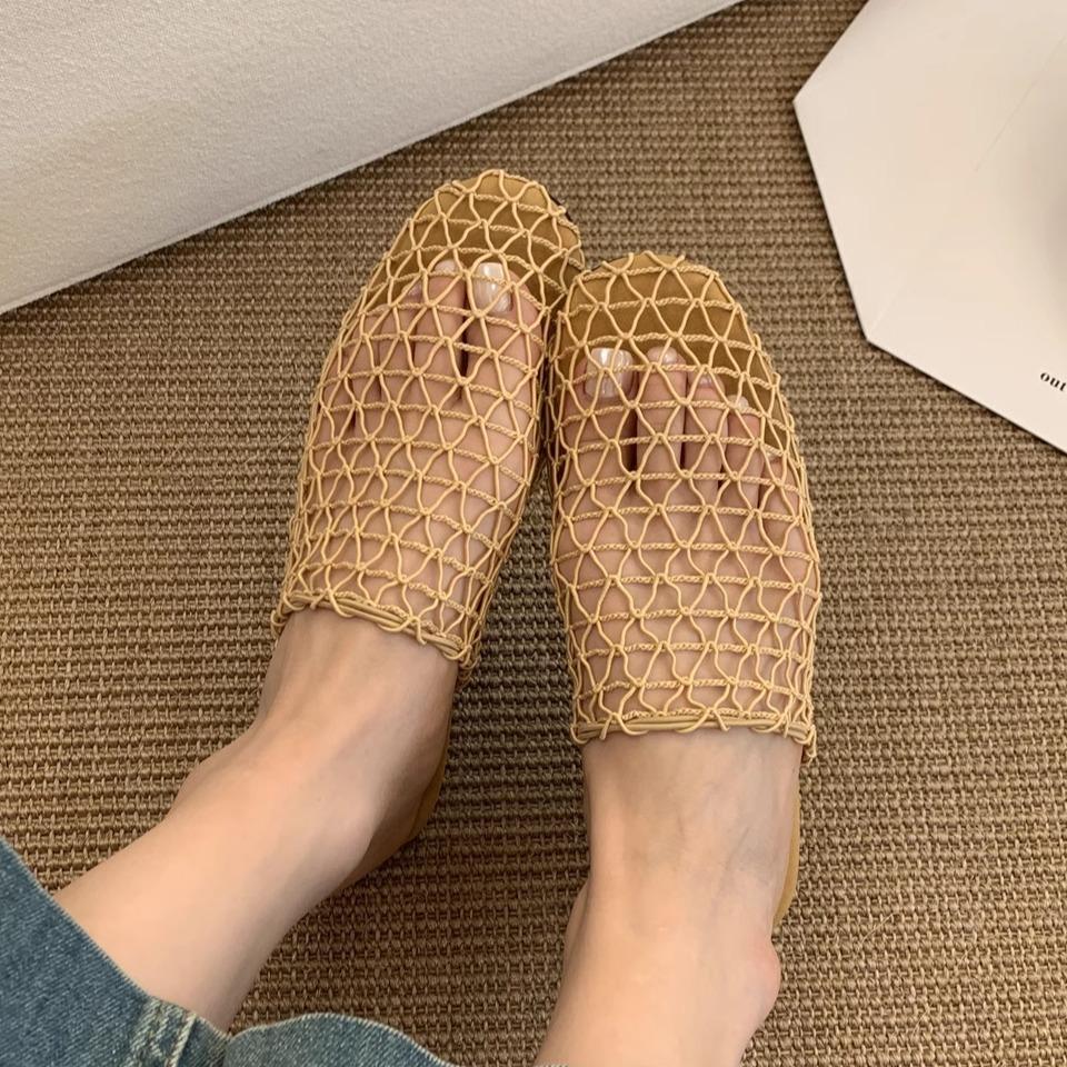 Retro new mesh hollow breathable cool slippers fishing net woven bag head half drag flat muller shoes Roman sandals