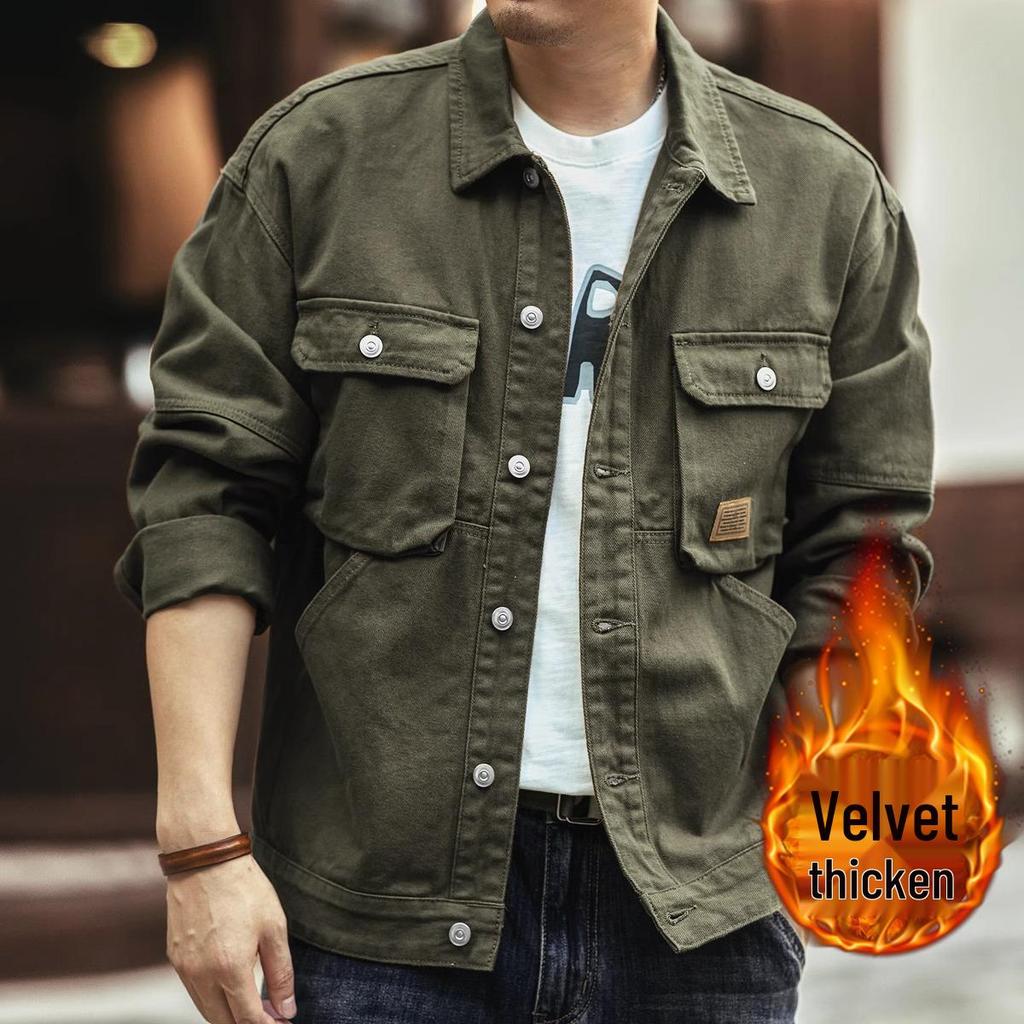 Ge Lan Lu Men's Vintage American Style Heavyweight Denim Jacket for Spring & Autumn - Loose Fit Hunting Workwear.