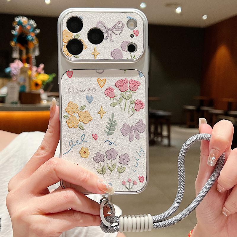 Black Lotus Floral Leather Lanyard Case For iPhone 18 Pro Max Hybrid TPU+PU Anti-skid Soft Cover For iPhone 17 16 15 14 13 Pro Max