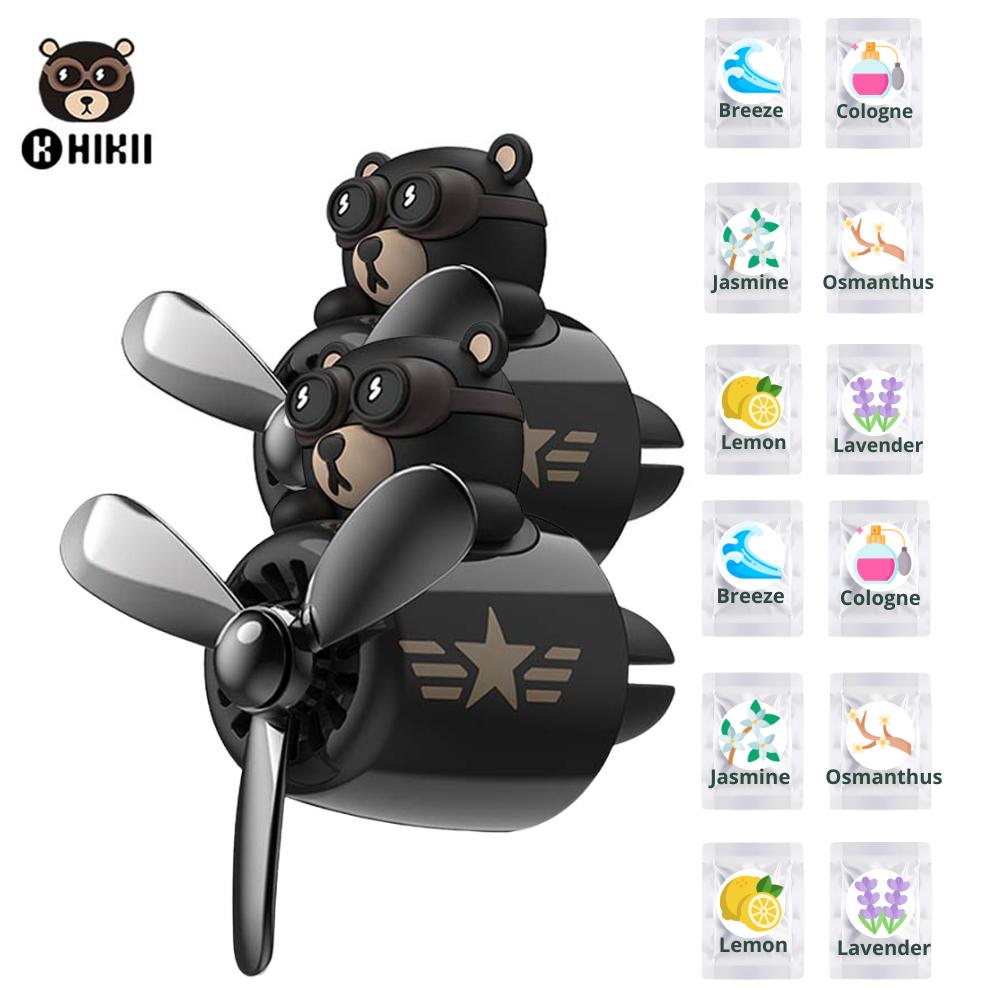KUKII Pilot Bear Car Air Freshener - Rotating Propeller Vent Diffuser with Essential Oil Tablets, Aviation Design, With 6 Fragrance refill