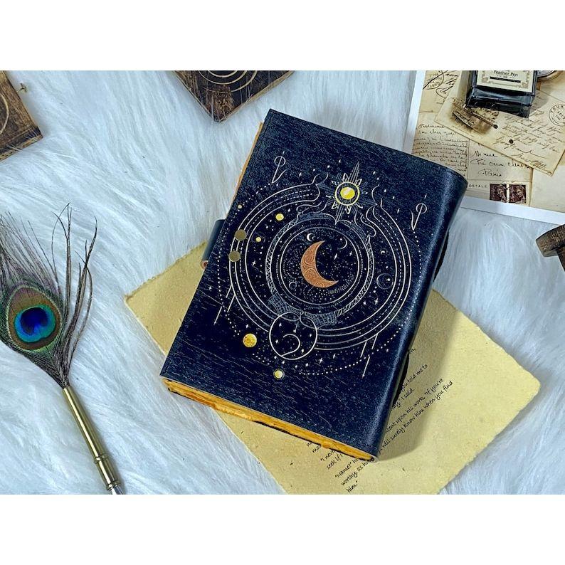 Sun and Moon Leather Notebook Spell Book Handstitched Journal Grimoire Journal Handmade Journal With Deckle Edge Paper Gifts For Him Her