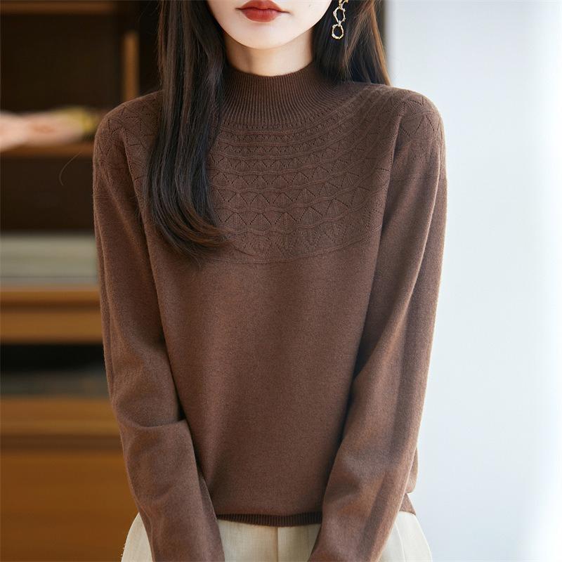 A New Style of Women's Autumn and Winter Hollowed-out Knitted Sweater Paired with A Base Layer A Pullover Long-sleeved and Semi-high-neck Sweater