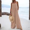 Women's Fashionable Solid Color Wide Leg Overalls Sleeveless Vest Pocket Casual Jumpsuit