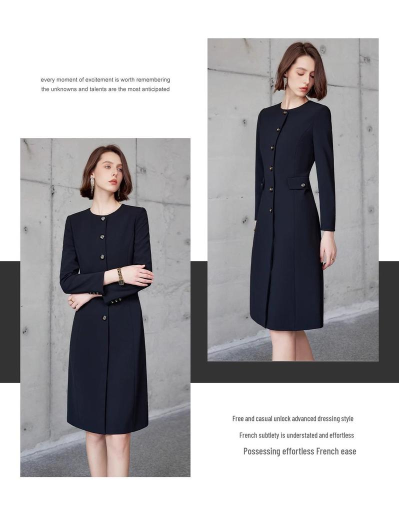 Wiosenno-jesienna wyszczuplająca sukienka damska o średniej długości z okrągłym dekoltem i zapinana na jeden rząd guzików