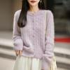 Pink Taro Cable Knit Wool-Blend Cardigan: 2023 Autumn/Winter Women's Long Sleeve Round Neck Sweater