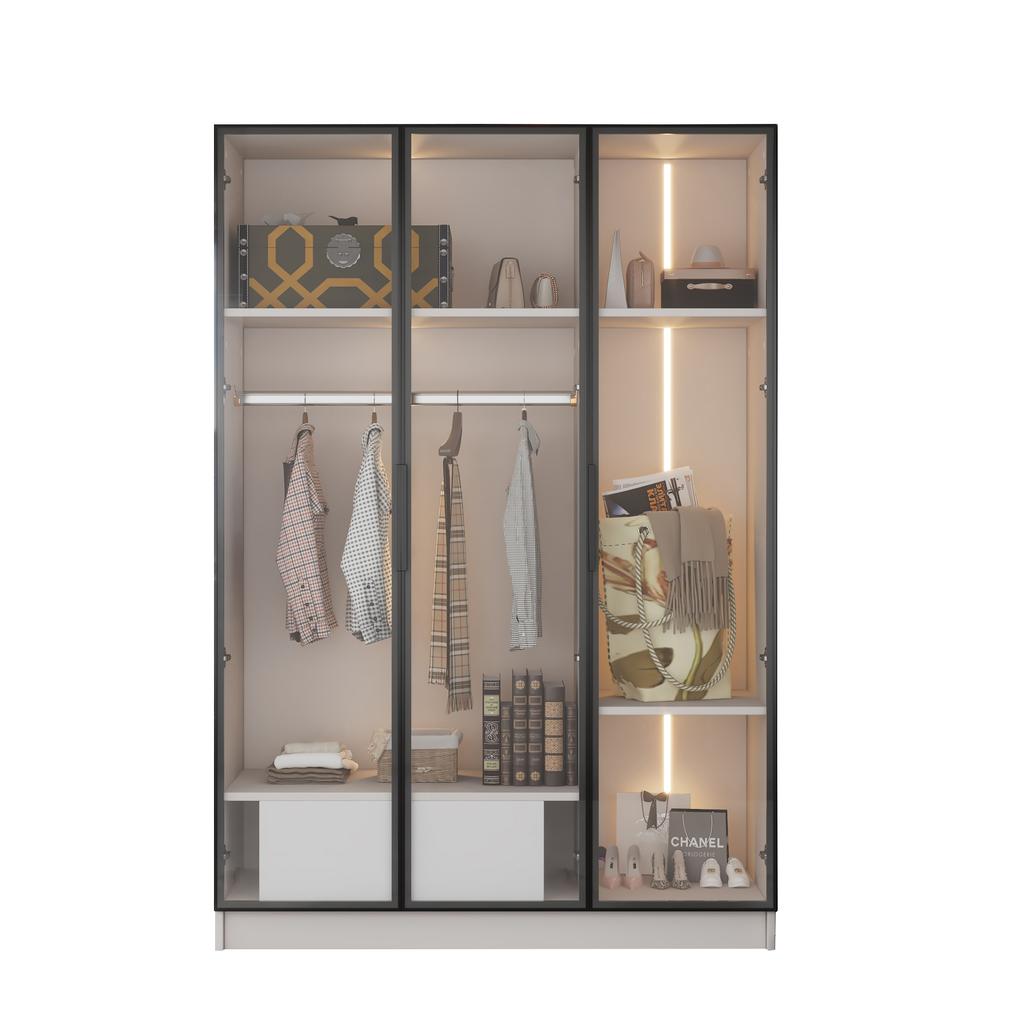 Spacious White Wardrobe with 3 Glass Doors, 1 Drawer and 1 Clothes Rail - 110*50*160 Cm - with LED Light