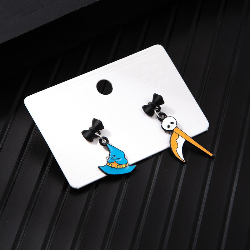 Halloween Cartoon Skull Earrings Premium Sense Earrings Imitation Silver Needle Stud Earrings Asymmetrical Pumpkin Ghost Creative Earrings